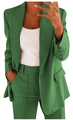 L9WEI Elegante traje de negocios para mujer, con solapa, blazer de oficina, informal, monocolor, manga larga, chaqueta blazer frontal abierta, ropa exterior para otoño, Verde militar., 5X-Large
