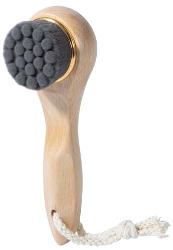 Brosse de nettoyage du visage ultra douce avec cordon tour de cou - Brosse pour le visage avec long manche en bois pour nettoyer et exfolier - Convient à tous les types de peau - Noir
