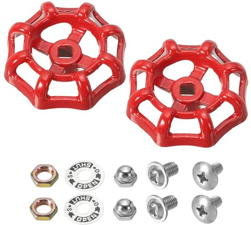 PATIKIL Outside Faucet Handle Square Stem Hole 6x6mm, Cast Steel Faucet Round Wheel Handle Replacement Water Spigot Handle with Screws Spacer, Red,2Pcs