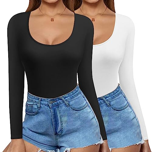 Ekouaer Thermal Tops Womens Scoop Neck Long Sleeve Top Slim Fit Thermal Base Layer Ladies Tight Shirt, Black+White, M