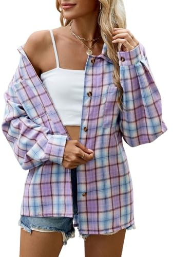 Karierte Bluse Damen Karohemd Trachtenbluse Oktoberfest Bluse Langarm Kariertes Hemd Damen Hemdbluse Casual Holzfällerhemd Longbluse Blusenshirt Hemdjacke Oberteile Casual Tunika Tops (Pink Lila,XL)
