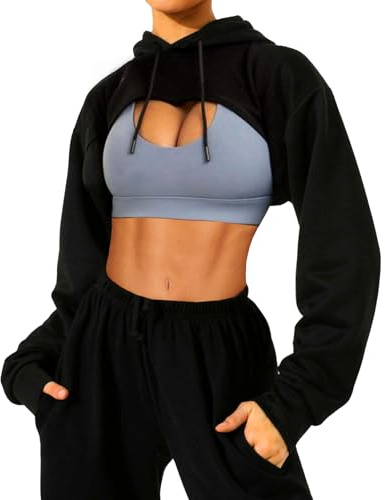 Navneet Women Cropped Hoodie Long Sleeve Crop Tops Cut Out Pullover Tops Y2k Sweatshirts Going Out Black S