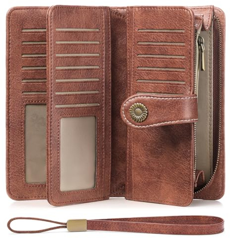 FALAN MULE Women's Wallet Leather RFID Blocking Large Capacity Trifold Ladies Wallet Wristlet Clutch Card Holder
