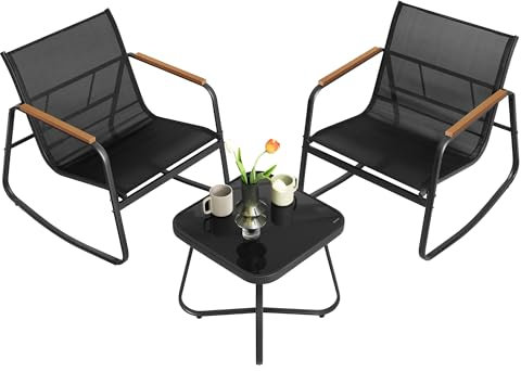 SONGMICS Gartenmöbel-Set, Balkonmöbel, 2 Schaukelstühle mit Tisch, Stahl, Terrassenmöbel, mit Armlehnen, atmungsaktives Kunstfasergewebe, Terrasse, Balkon, Garten, tintenschwarz GGF0027B01