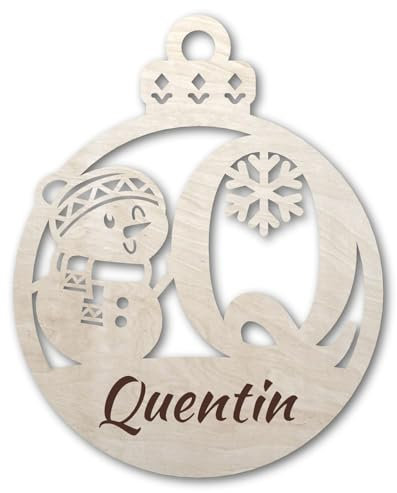 Urhome Weihnachtskugel personalisiert mit Wunschtext Gravur Buchstabe Q mit Schneeman Motiv Hell Braun - Ornament Christbaumschmuck Weihnachtsdeko Weihnachtsbaum Anhänger aus 6,5mm Holz