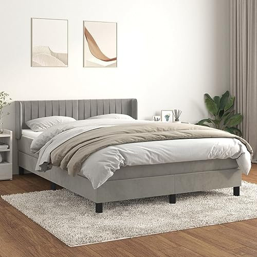OHOOWOO Boxspringbett mit Matratze Hellgrau 140x200 cm Samt,Luxuriöses Boxspringbett aus Samt mit verstellbarem Kopfteil und Taschenfederkernmatratze für erholsame Nächte