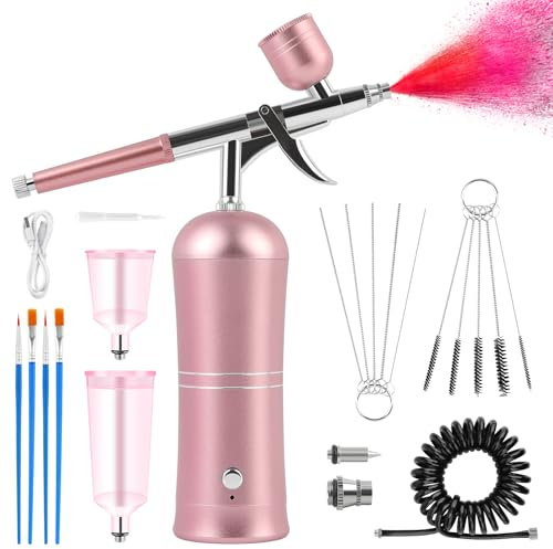 Kalolary Kit de Aerógrafo con Compresor, Portátil Compresor de Aerógrafo Inalámbrico Recargable de Alta Presión para Peluquería, Arte de Uñas, Decoración de Tartas, Maquillaje, Modelismo (Rosa)