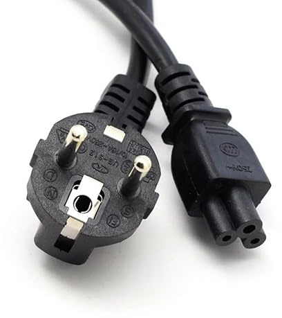 Cavo di alimentazione a quadrifoglio con connettore CEE7 a gomito maschio e C5 femmina. Lunghezza 1,5 metri, ideale per collegamenti elettrici sicuri ed efficienti.