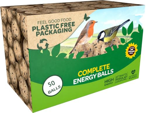 Fat Balls for Wild Birds, 50 Fat Ball Box, High Energy Bird Food with Sunflower Seeds, Suet Balls for Wild Birds, Plastic-Free Packaging