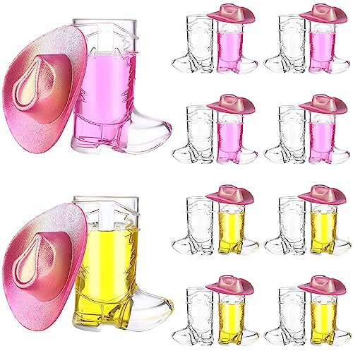 Haishell 20 Pcs Cowgirl Boot Shot Glasses 1 Oz Cowboy Mini Plastic Shot Cups Glitter Color Western Hat Reusable Beer Mugs for Cowboy Bachelorette Themed Party Wedding Supplies (Illusion Glitter Pink)