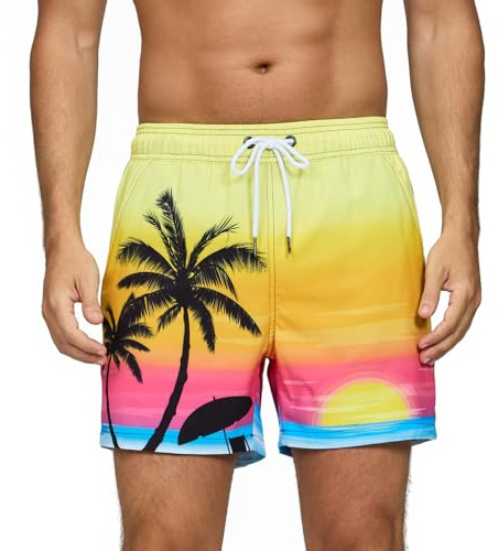 Vorvowry Bañador Hombre Secado Rapido Respirable Traje de Baño Estampado Ligero Boxer Calzones Bano para Natacion Playa Surf de Bolsillo con Cremallera Cocotero Amarillo S