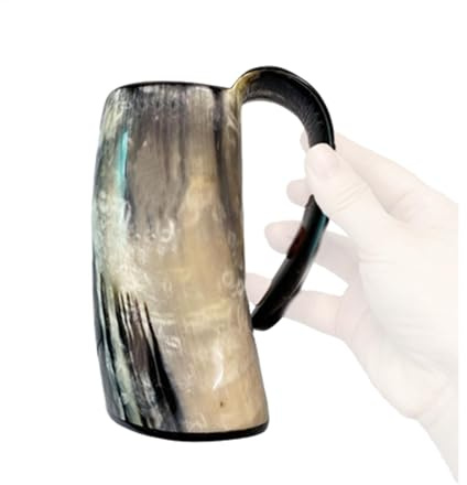 Wikinger-Trinkhorn-Tasse, Horn-Trinkbecher, Hornwasserbecher, Rustikaler Wikingerbecher, Wikinger-Trinkhornbecher, Hornwasserbecher, großer Bierbecher, Hornspitzenprodukt, großer Becher mit Henkel, Be