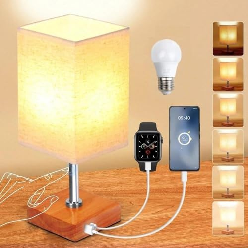 SurezoTich Touch Control Table Lamp, Dimmable Bedside Lamp, Touch Lamps Bedside with USB C+A Charging Ports, Linen Fabric Shade, for Bedroom Living Room Nightstand Office