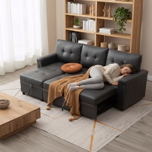 Panana 3 Seater Universal Sofabed, Pull Out Sleeper Corner Couch Bed with Storage Chaise. Black Faux Leather (Black Leather Look Fabric #2)