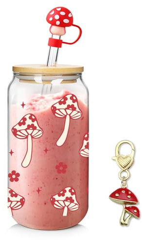 Mason Life Glass Cups with Lids and Straws, Pink Mushroom Iced Coffee Cup,Decorative Mushroom Design, Versatile Drinking,18oz Cute Glass Tumbler with a Keychain Gifts for Women Girls Friends