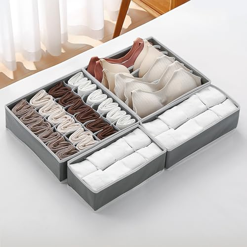 Braozaiw Set di divisori per cassetti, organizer pieghevoli in tessuto per vestiti, biancheria intima, calzini, vestiti (grigio, Mischen, 4 pezzi)