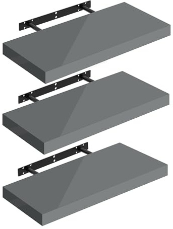 WOLTU Wandregal Regal Schweberegal,Hochglänzend Grau,50x22,9x3,8cm 3er | Wandregal Set von 3 für Büro, Wohnzimmer, Schlafzimmer, Küche,mit Metallhalterung,unsichtbare Montage