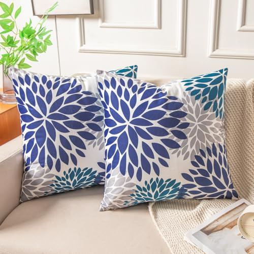 Miuyunya Samt Kissenbezug 45x45 2er Set Blau Kissenbezüge Herbst Blume Dahlie Muster Moderne Kissenhülle Sofakissen Dekokissen Grau Weiß Kissen Deko Zierkissenbezug für Wohnzimmer Sofa
