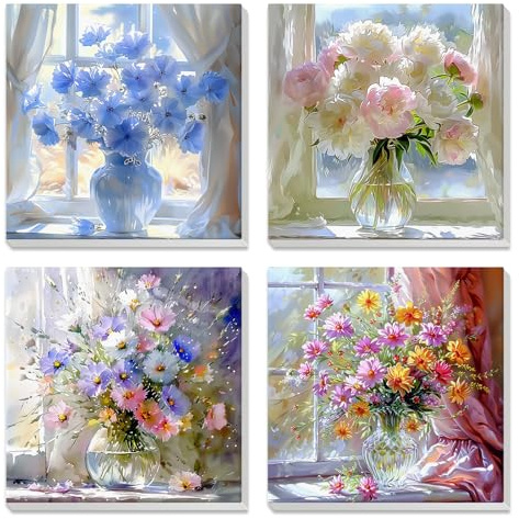 4 Stück Wildblumen in der Vase Malen Nach Zahlen Erwachsene mit Rahmen, Bunte Blumen, Nach Zahlen Kits mit Pinseln und Acrylfarben, DIY Paint by Numbers Handgemalt Ölgemälde für Home Decor, 20x20 cm