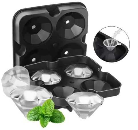 4-Compartment Silicone Ice Tray with Lid, 2 Diamond Shaped Ice Cube Molds with Water Dispenser, Suitable for Kitchen Accessories, Whiskey, Cold Drinks, Easy to Pop Out, Reusable, Black