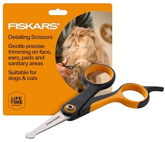 Fiskars Forbici per la cura degli animali domestici, forbici per la toelettatura di cani e gatti, per aree sensibili e manico morbido, per cani e gatti, 14 cm, arancione/nero