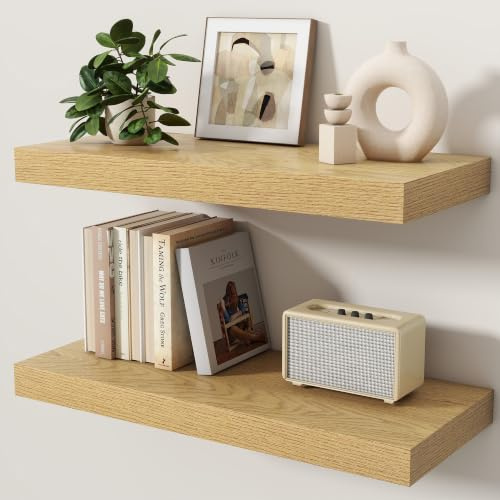 KovaScape Floating Shelves Set of 2, 60cm shelves for wall with Invisible Brackets, Heavy Duty Wooden Wall Mounted Shelf for Kitchen, Bathroom, Living Room, Bedroom