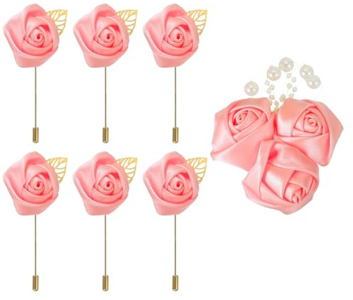 QUARKZMAN 7 stycken blommor broscher djupfrosa, bandrosor silkesmaterial, högkvalitativa broscher för kläder, lång nålform och nålstil nålblomma