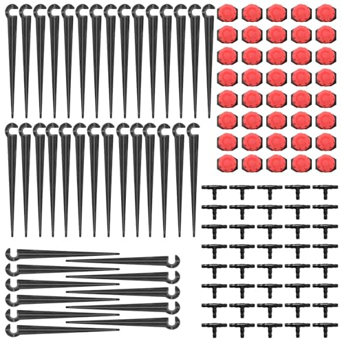 pangdapengpeng 120 Piezas Kit de Riego por Goteo Automático, Goteros Ajustables 360° con Conectores T y Estacas para Manguera 4/7mm, Sistema de Riego para Jardín, Invernadero (Rojo)