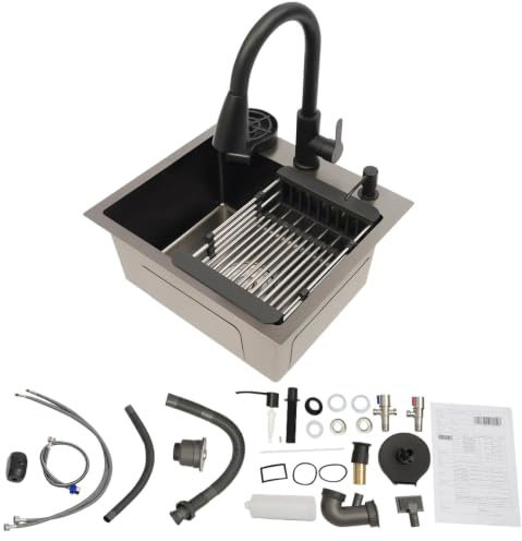 Fregadero de cocina de acero inoxidable, 1 fregadero de cocina, 45 x 40 cm, con grifo extraíble, fregadero empotrado con lavavajillas para tazas, escurridor y dispensador de jabón, para restaurantes