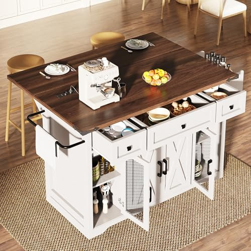 Ktipm Isla Cocina con Ruedas y Enchufe, Isla de Cocina con Tablero Plegable y Puerta Corredera, Mueble Cocina Auxiliar con 3 Cajones y Toallero, Kitchen Island, 144.4x45.3-79.5x91.5 cm, Blanco