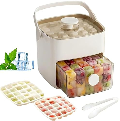 Machine à Glaçons 48 Cubes avec Couvercle à Pression Bac à Glaçons à Double Étage avec Bac de Stockage et Poignée Moule à Glaçons Portable sans BPA pour Whisky Cocktails et Café Glacé (White)