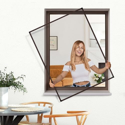 jarolift Fliegengitter Fenster Profi Line, Insektenschutz Fliegenschutzgitter Spannrahmen, Kürzbar, Alurahmen, 130 cm x 150 cm (B x H), Rahmenfarbe Braun