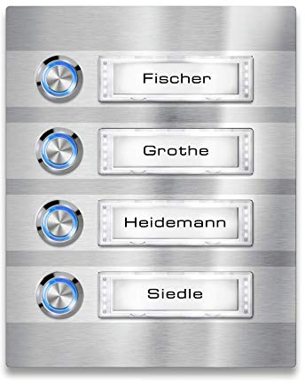 Metzler Türklingel - 4-fach Klingelplatte aus Edelstahl - Namensschild austauschbar - mit LED-Taster und Beleuchtung (optional) - (Namensschild mit Beleuchtung, LED-Taster Blau)
