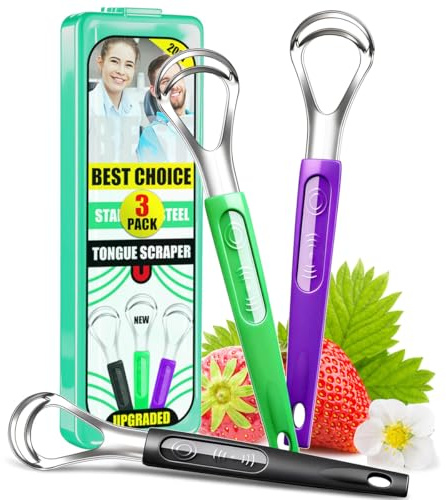 CATACC PRO 3 Pack Metal Tongue Scrapers for Kids Adults, Stainless Steel Tongue Cleaner Scrubber with Travel Case