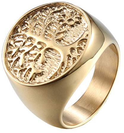 OAKKY Herren Einzigartige Lebensbaum Siegelring Gold Ton Band Edelstahl Versprechen Aussage Klassisch Gotisch Größe 62 (19.7)