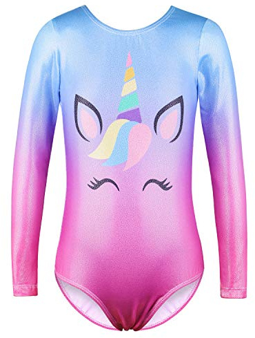 Body da ginnastica per ragazze, a maniche lunghe, con motivo cartone animato, luccicante, per atletica, balletto, danza, per bambini, B218_blu-viola 4A