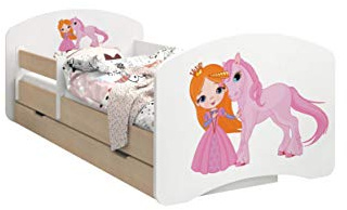 Happy Babies - Doppelseitiges KINDERBETT MIT SCHUBLADE Modernes Design mit sicheren Kanten und Absturzsicherung Schaumstoffmatratze 7 cm Leichte Birne (Prinzessin und Einhorn, 190/90)