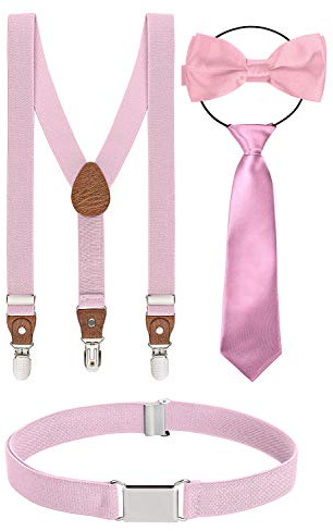 BomGuard Set di 4, Bretelle per bambino + papillon + cravatta + cintura, rosa