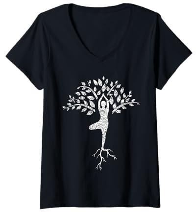 Femme Yoga Pose Arbre de Vie Mandala T-Shirt avec Col en V