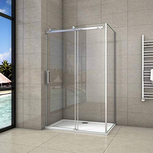 195 cm Box Doccia Angolare Porta Scorrevole con Parete Laterale 120x70 cm Vetro 8 mm Temperato Trasparente Anticalcare Telaio Cromato Lucido