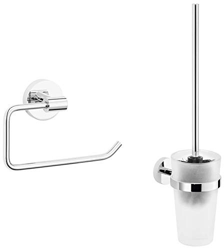 tesa® EXXCELLENT Toilettenpapierhalter ohne Deckel + tesa® EXXCELLENT Toilettenbürsten-Set, schickes Design, Metall, verchromt