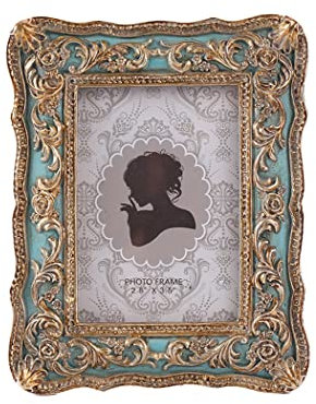 CISOO Kleiner Bilderrahmen im Vintage-Stil, 6,3 x 8,9 cm, antiker verzierter Mini-Bilderrahmen, Tischplatte und Wandbehang, Heimdekoration, Blau mit Bronze-Gold