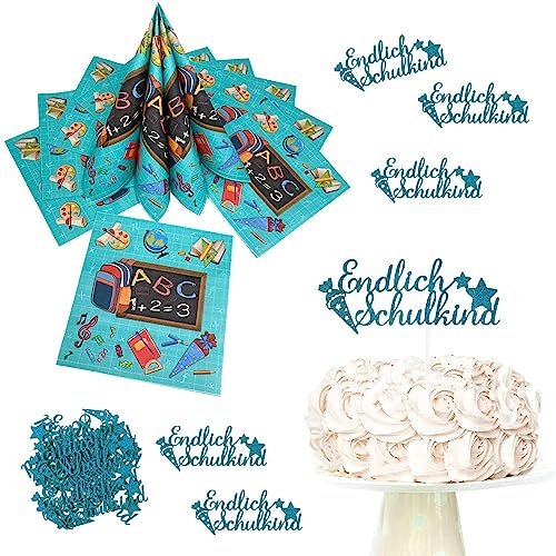 Oblique Unique® Schuleinführung Einschulung Schulanfang Deko Set für Jungs - Endlich Schulkind Torten Topper + Konfetti + 20 Servietten
