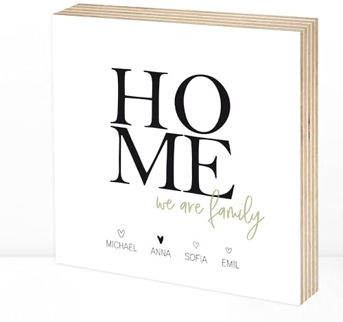 Wunderpixel® Holzbild HOME - personalisiert mit Namen - 15x15x2cm zum Hinstellen/Aufhängen, echter Fotodruck auf Holz - Wand-Bild Aufsteller Zuhause Dekoration Geschenk-Idee Familie