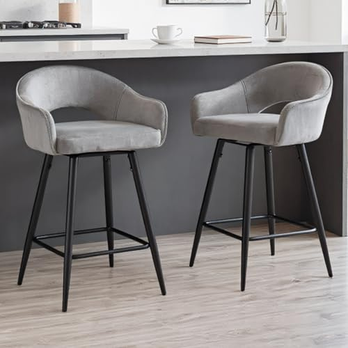 chairus Set di 2 Sgabelli da Bar in Velluto Sgabelli Cucina Sgabelli Alti Sgabello Girevole con Gambe in Metallo per Bancone/Cucina, Grigio
