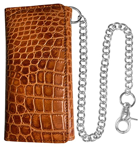 IBRO Motorcycle Chain Wallet for Men – Premium Cowhide Leather, RFID Tri-Fold Biker Wallet with Heavy Duty Chain for Bikers Truckers & Hunters, Credit Card Money Organizer Long Wallet Crocodile Brown