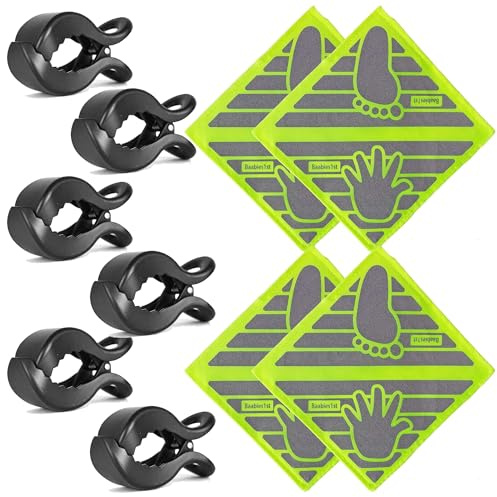Babies1st Spar Set: Kinderwagen Klammer 6-er Set, Schwarz Matt und Kinderwagen Reflektoren 12 x 12 cm Neon Gelb (4-er Set)