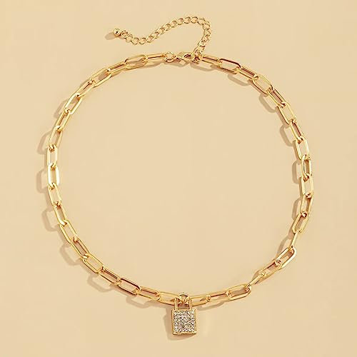 Necklace Pendant Shiny Crystal Lock Pendant Necklace for Women Punk Paperclip Chain Rock Choker Padlock Necklaces Gothic Neck Jewelry Gifts Jewelry birthday gifts for women men