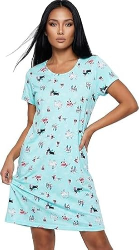 CHUNG Women Nightdress Ladies Nighties Short Sleeve Sleep Tee Shirt Soft Nightgown Cute Pattern Summer Sleepwear Sled Dog S