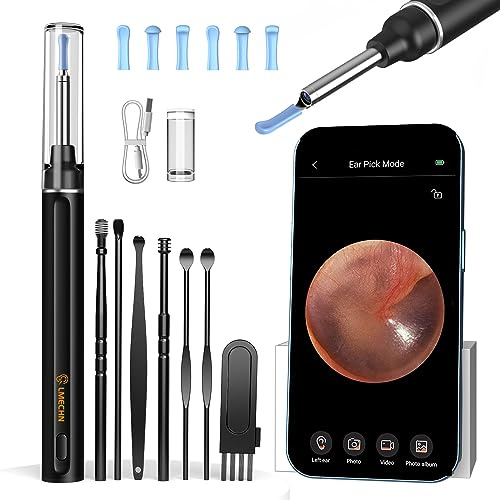 LMECHN Ohrenschmalz Entferner Otoskop, Intelligentes Wifi Ohrreiniger, 1080P HD-Otoskop mit kamera, Otoskop mit 6 LEDs, IP67 Wasserdicht Otoskop Ohr, für iPhone, Android-Smartphones und iPad, Schwarz